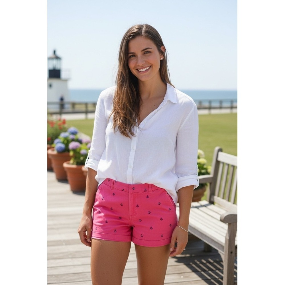 British Khaki Chino Shorts Womens Size 6 Pink‎ Anchor Print Nautical preppy
